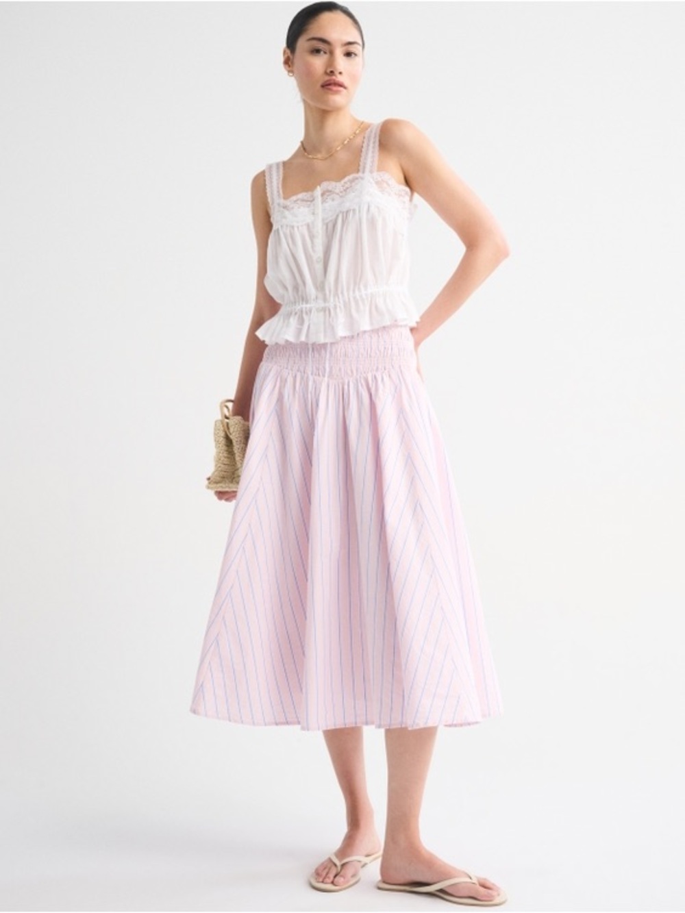 EUC Abercrombie Smocked Drop-Waist Poplin Cotton Midi Skirt Pastel Pink Stripe
